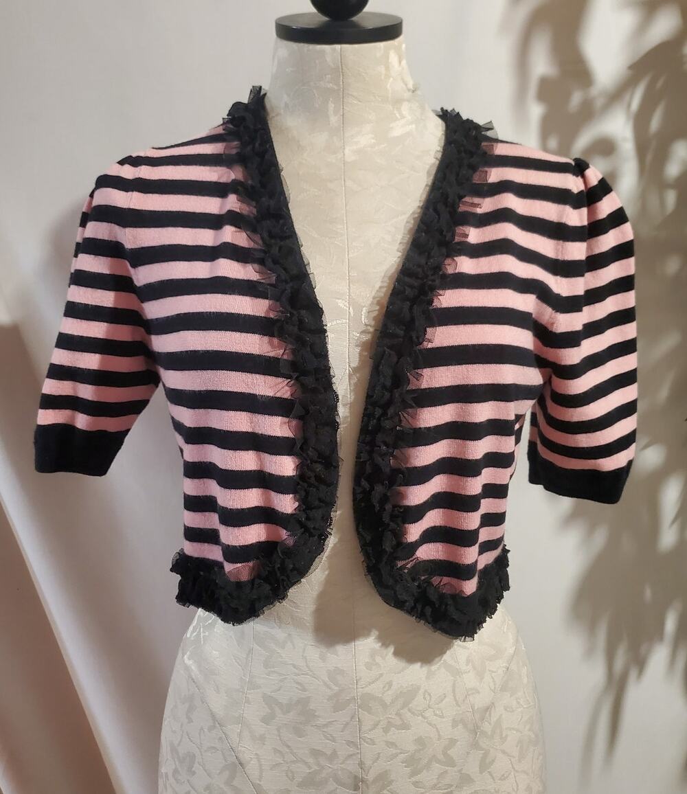 INC International Concepts Striped Ruffle Trim Cropped Cardigan Sweater M Gothic